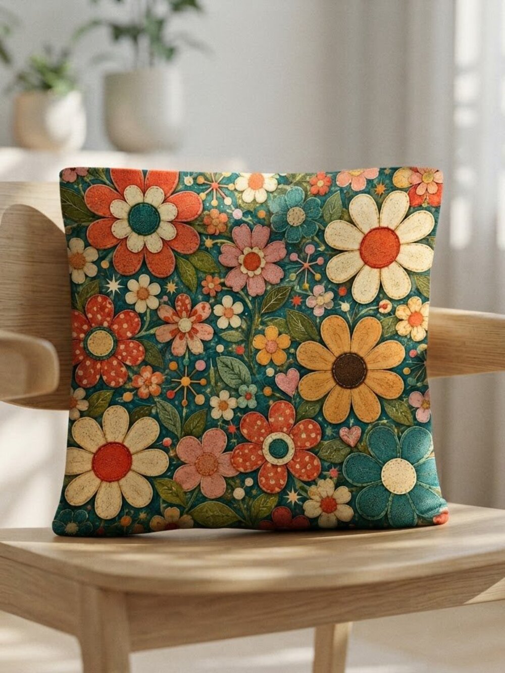 Retro Flower Pillow, 18x18 100% Polyester Faux Linen with Insert - Picture 3 of 9